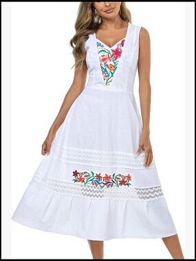 Cotton Embroidered Maxi Dress Casual Boho Floral Ruffle Off-Shoulder